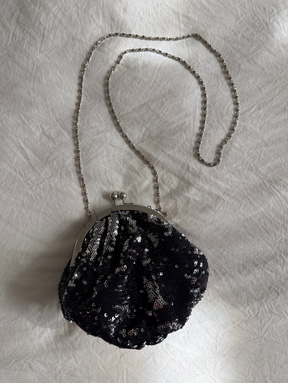 Black Sequin Evening Clutch with Silver Chain